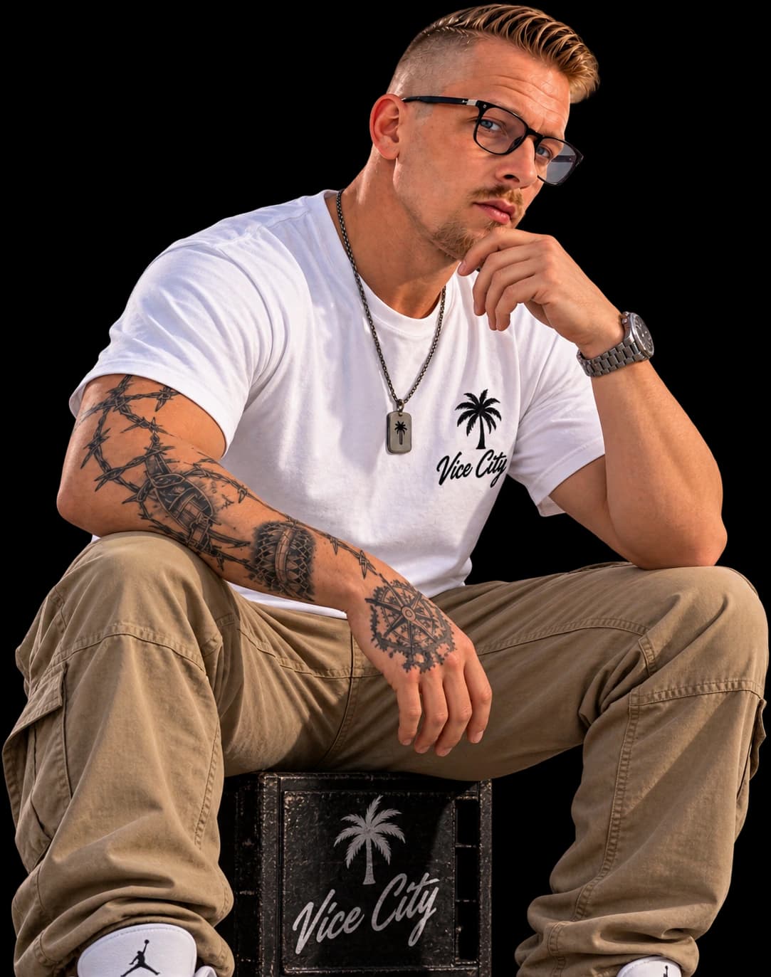 KlickKlack30 im weißen Palm-Edition-Shirt, sitzend